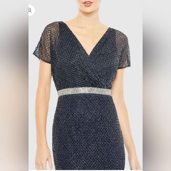 Mac Duggal 93678 Beaded Short Sleeve Column Gown NWT sz 12 Midnight Blue - Picture 3 of 7